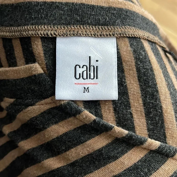 CAbi Slant Hem Tee in Tan and Gray Stripes. Blocked back. Long sleeves. Medium - Picture 7 of 7